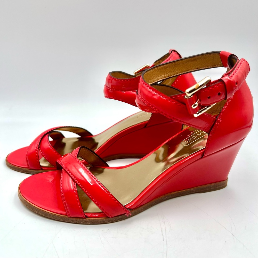 Coach Glossy Patent Red Wedge Sandals
